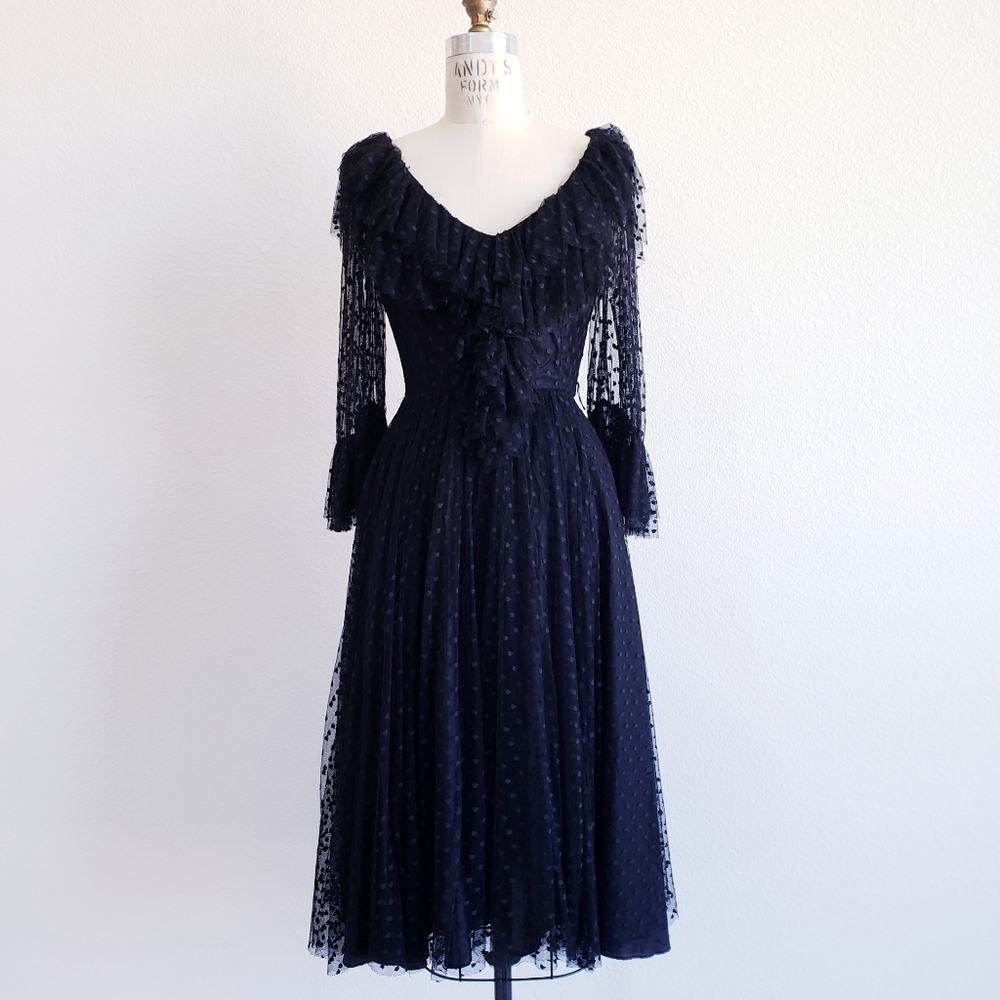 Vintage 70s Miss Ashlee Black Dotted Net Dress